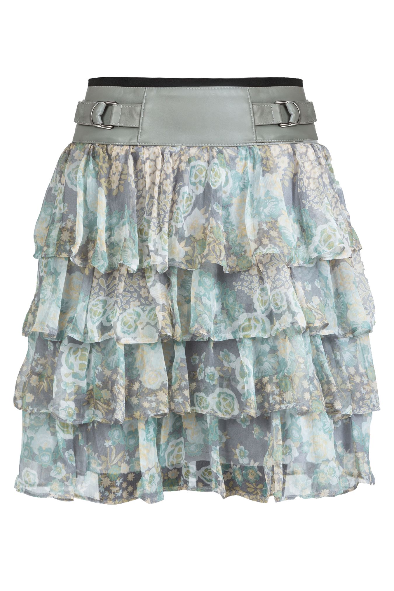 spódnica z jedwabiu i skóry, jedwabna spódnica ze skórzanym karczkiem i falbankami, spódnica w roślinny deseń, spódnica kolor popielaty, spódnica z karczkiem ze skóry naturalnej i szyfonu jedwabnego