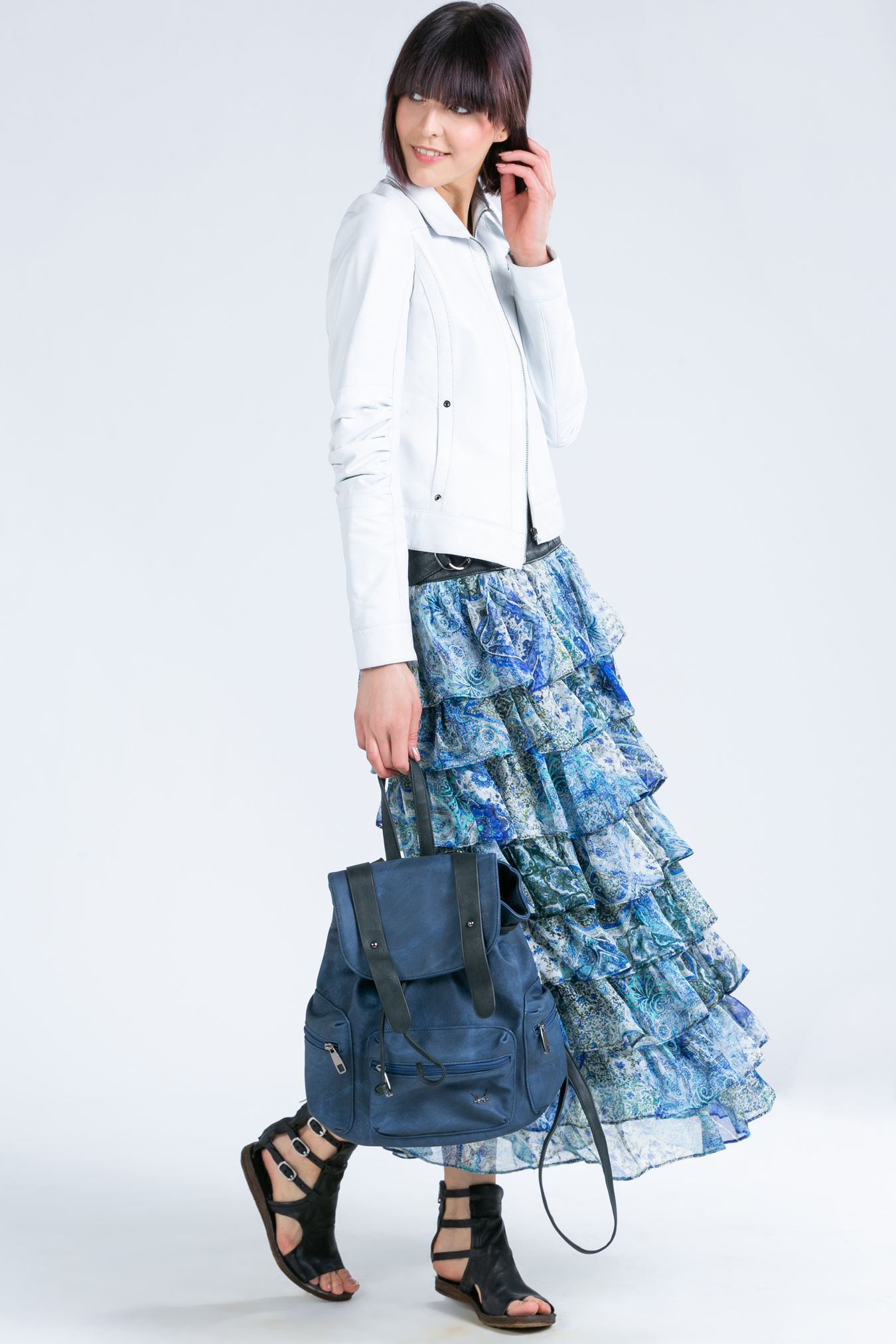 spódnica maxi z jedwabiu i skóry, jedwabna spódnica ze skórzanym karczkiem i falbankami, spódnica w roślinny deseń, spódnica niebieska maxi, długa spódnica z karczkiem ze skóry naturalnej i szyfonu jedwabnego