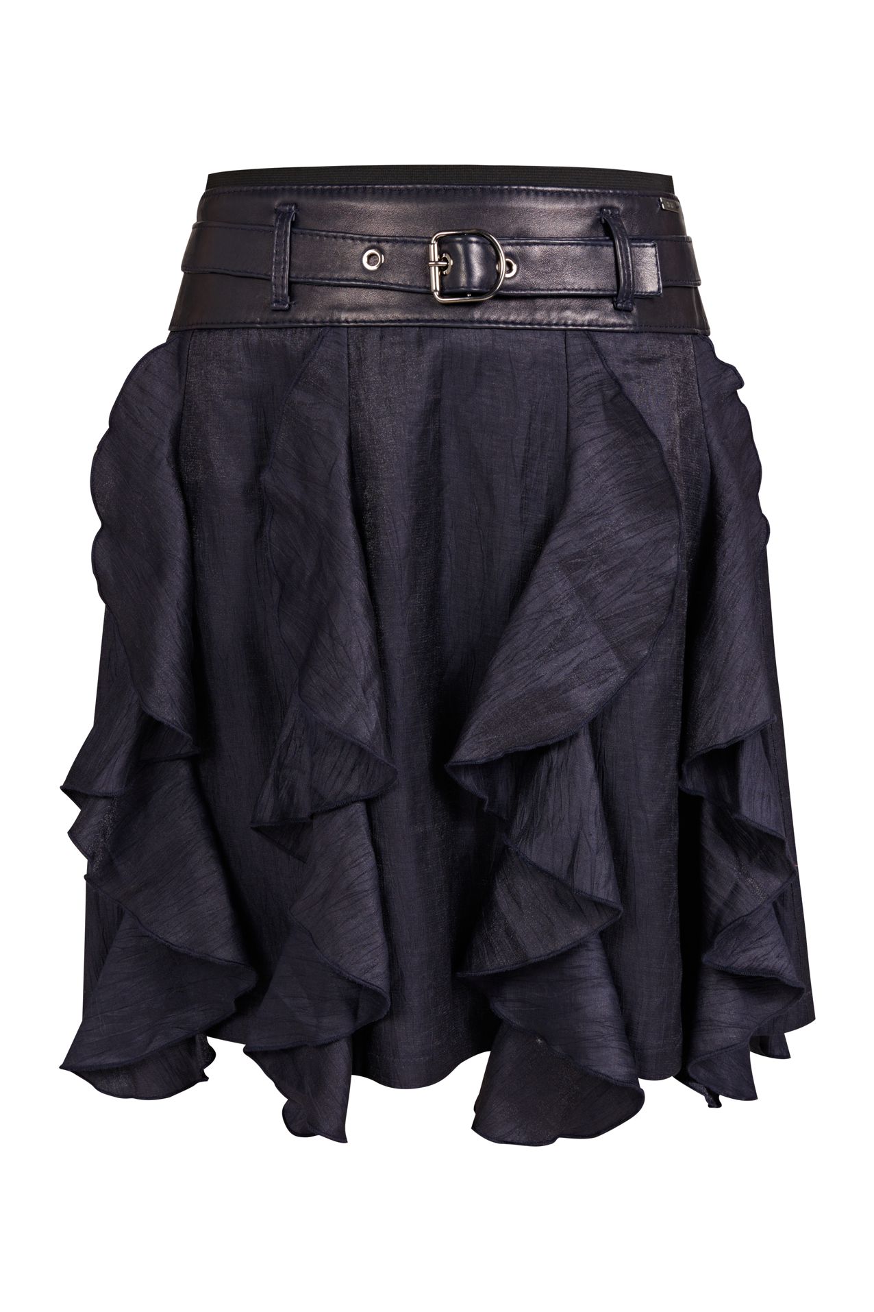 spódnica z lnu i skóry, lniana spódnica ze skórzanym karczkiem i żabotami, spódnica granatowa z lnu, spódnica na lato, spódnica z karczkiem ze skóry naturalnej i lnu, polski projektant, spódnica premium