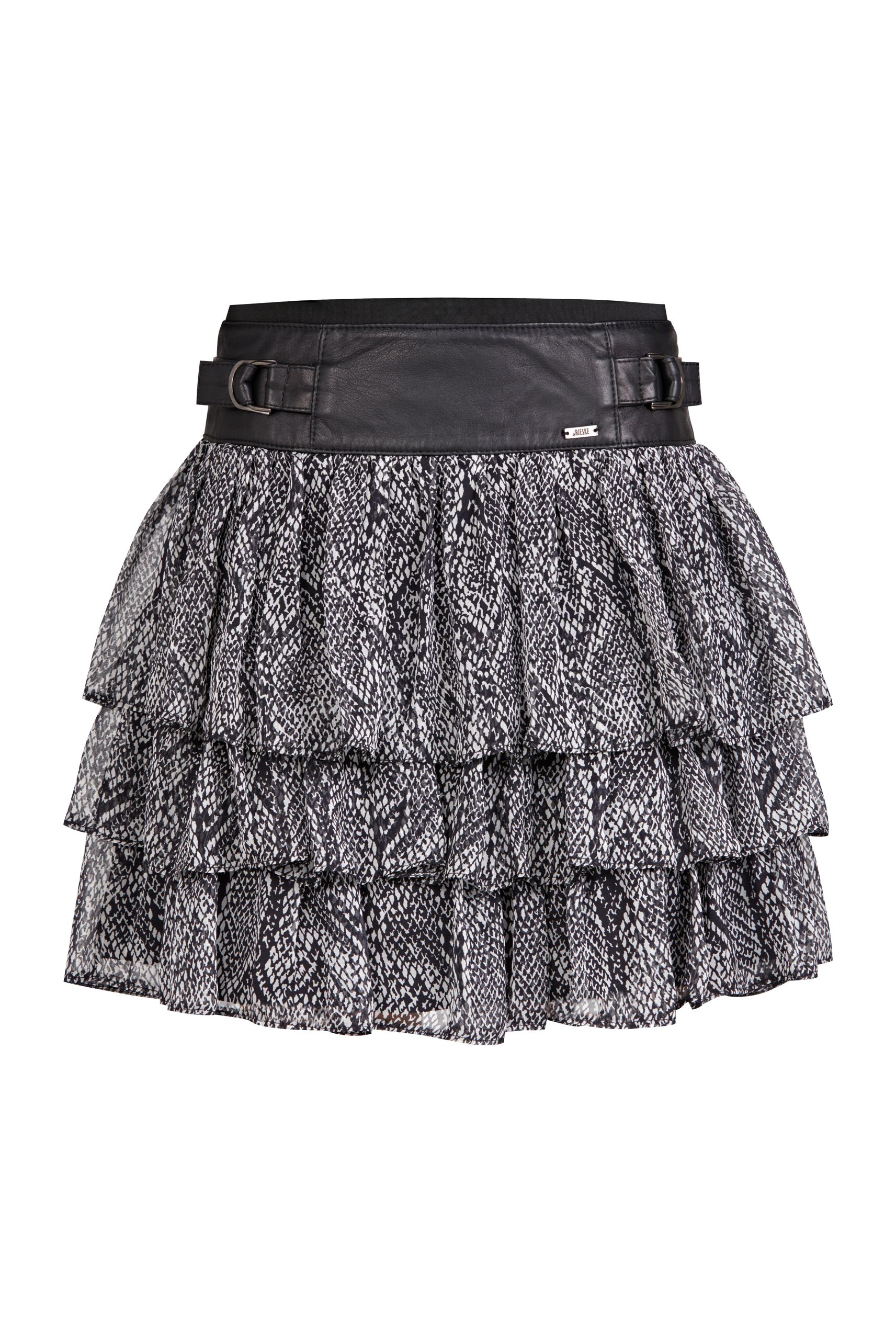 spódnica z jedwabiu i skóry, jedwabna spódnica ze skórzanym karczkiem i falbankami, spódnica wzór węża, spódnica falbanki, spódnica z karczkiem ze skóry naturalnej i szyfonu jedwabnego