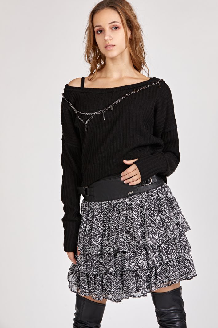 spódnica z jedwabiu i skóry, jedwabna spódnica ze skórzanym karczkiem i falbankami, spódnica wzór węża, spódnica falbanki, spódnica z karczkiem ze skóry naturalnej i szyfonu jedwabnego