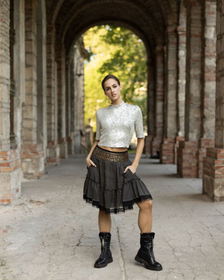 124012 Jedwabna Spódnica Z Falbaną Earthy