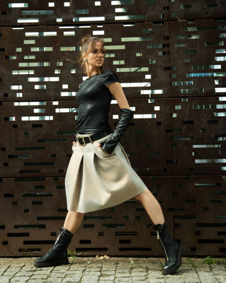 125005 Skórzana Spódnica Z Kontrafałdą Pistachio Green